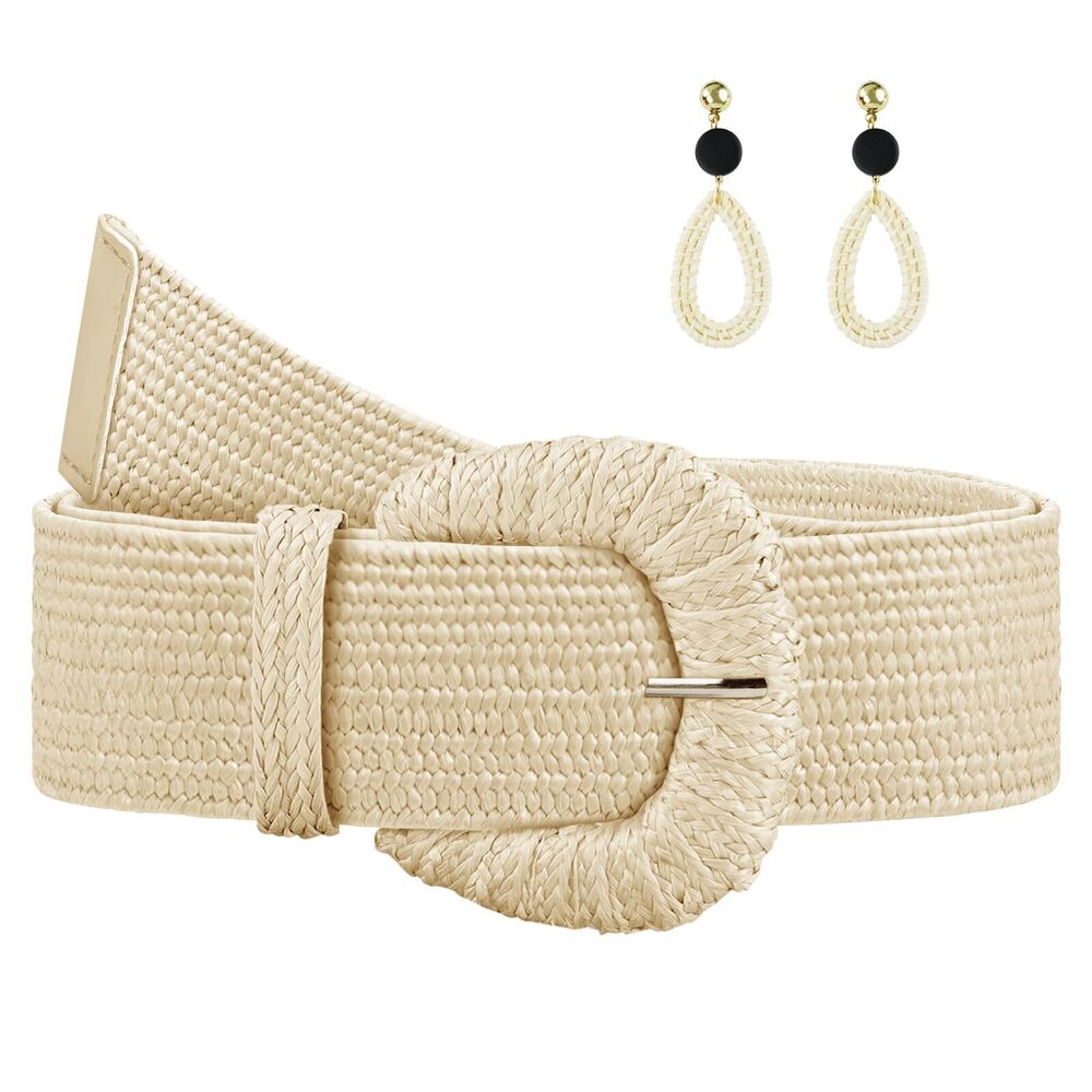 1165 Straw Woven Elastic Belt For Women, Boho Braided Raffia Waist